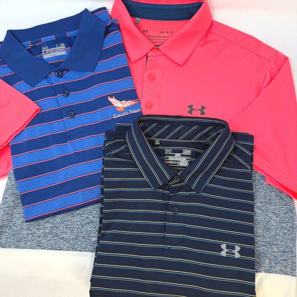 Under Armour Lot of 3 Mens Large Polo Shirt Striped Colorblock HeatGear